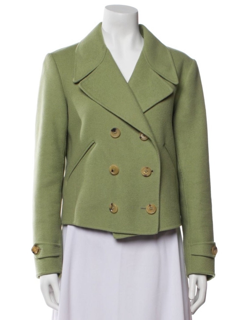 Bottega Veneta Light Olive Cropped Double-Breasted Coat - 100% Cashmere